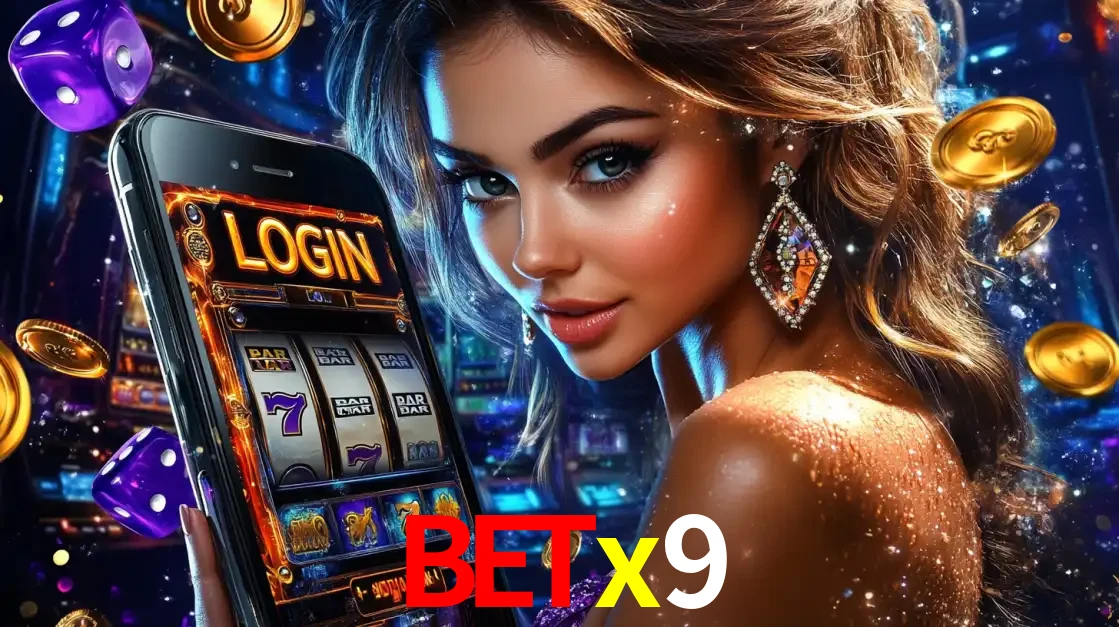 Mulher glamorosa segurando um smartphone com a tela de login para os jogos de caça-níqueis do cassino online betx9, com moedas de ouro e dados ao redor.